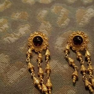 Jaded 80's Gold Drop Earring w/dark red Stone.